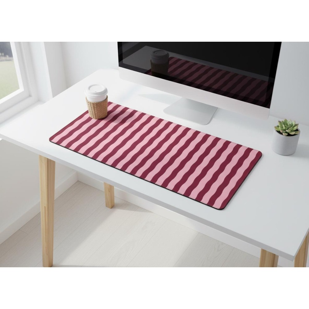 Office Desk Tech Accessories - Pink Burgundy Wavy Lines Desk Mat,